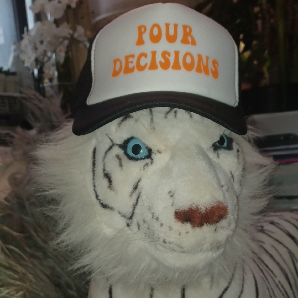 "POUR DECISIONS" White and Black Trucker CaP